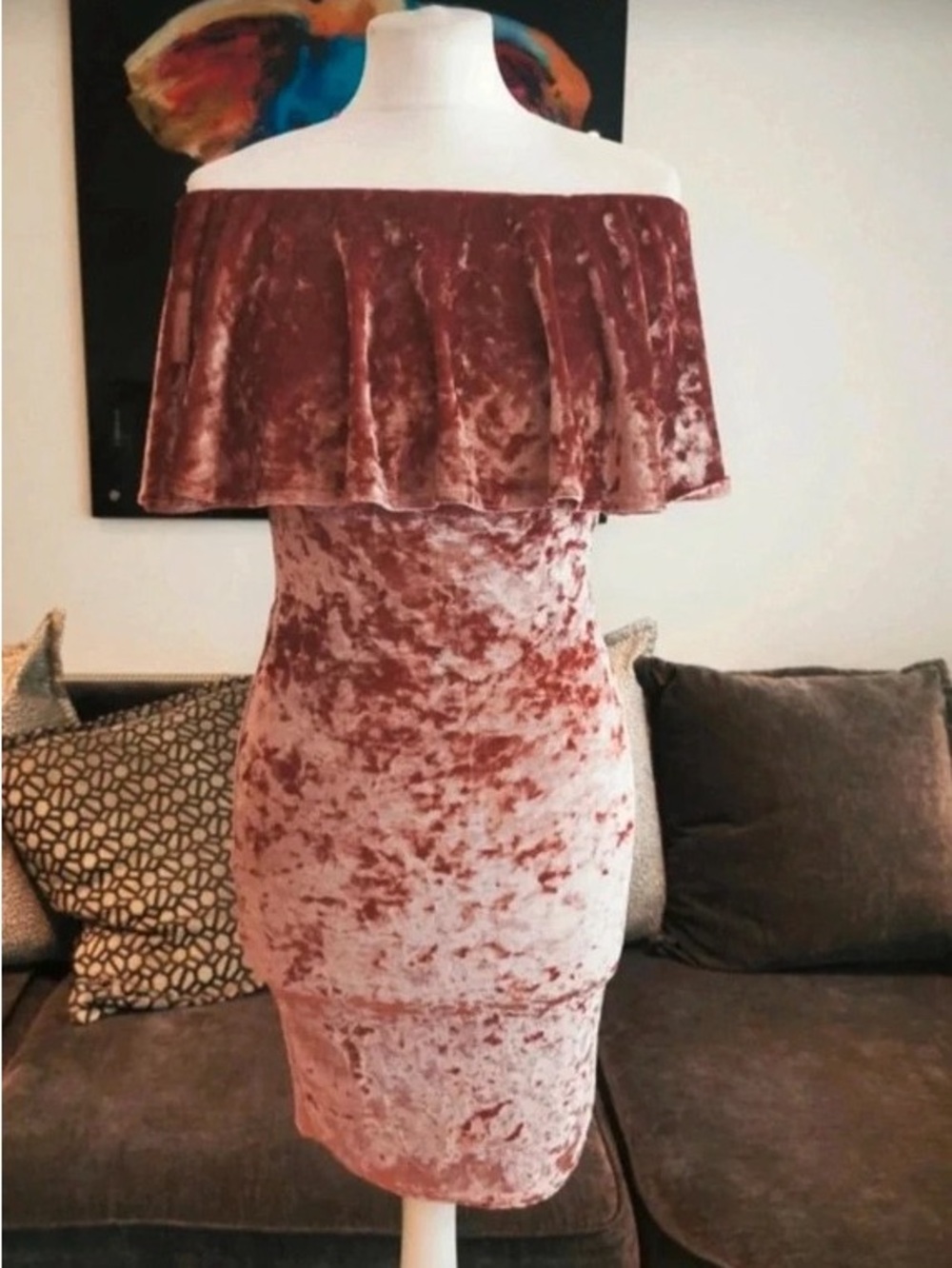 Off-Shoulder Crushed Velvet Maxi Dress in Rose